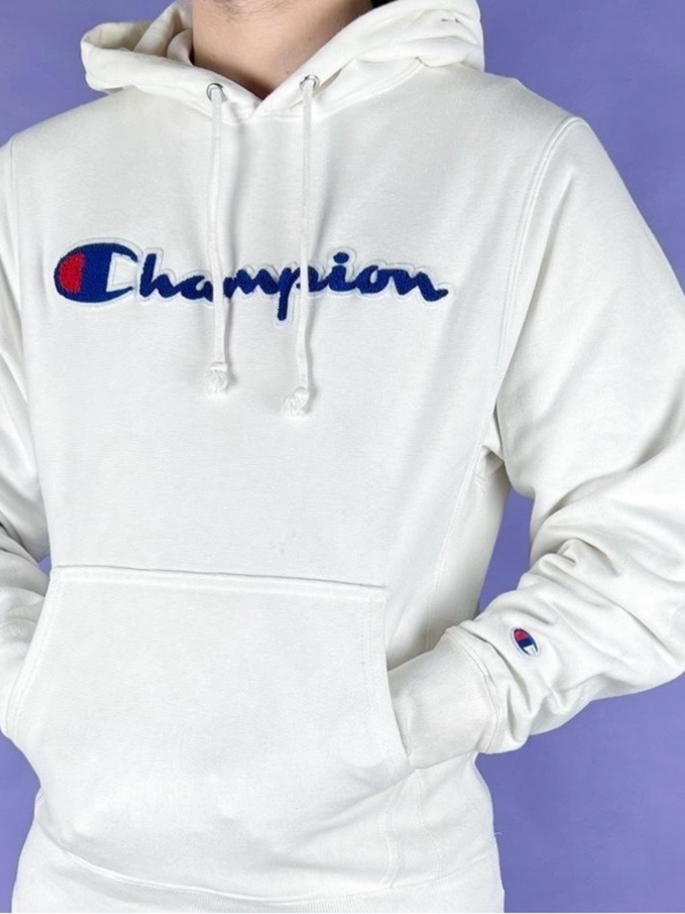 Champion White Script Logo Hoodie. Worn once. Size xl